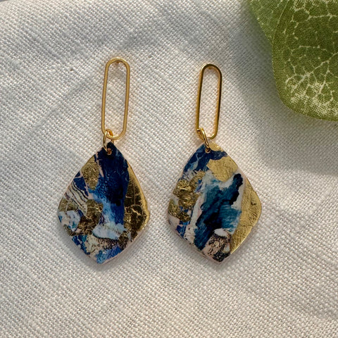 Deep Blue, White, and Gold Foil Earrings