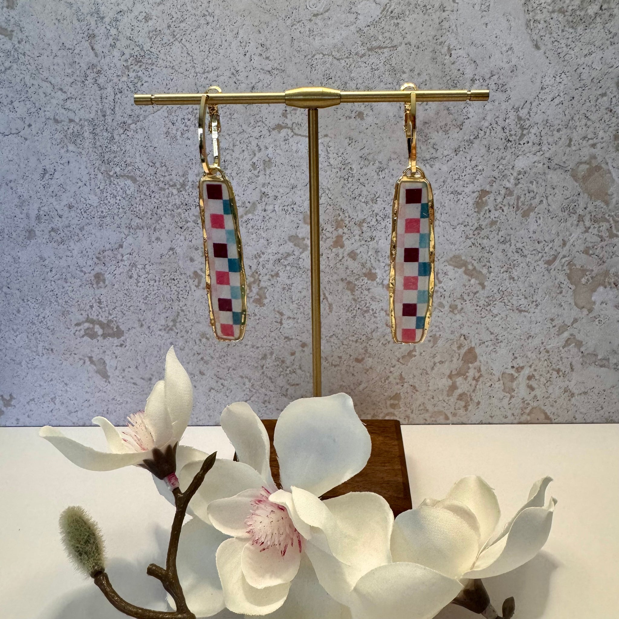 Burgundy, Green, Rose & White Long Dangle