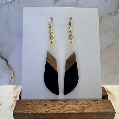 Dangle Earring - Wood with White & Black Resin
