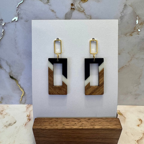 Dangle Earring - Wood with White & Black Resin
