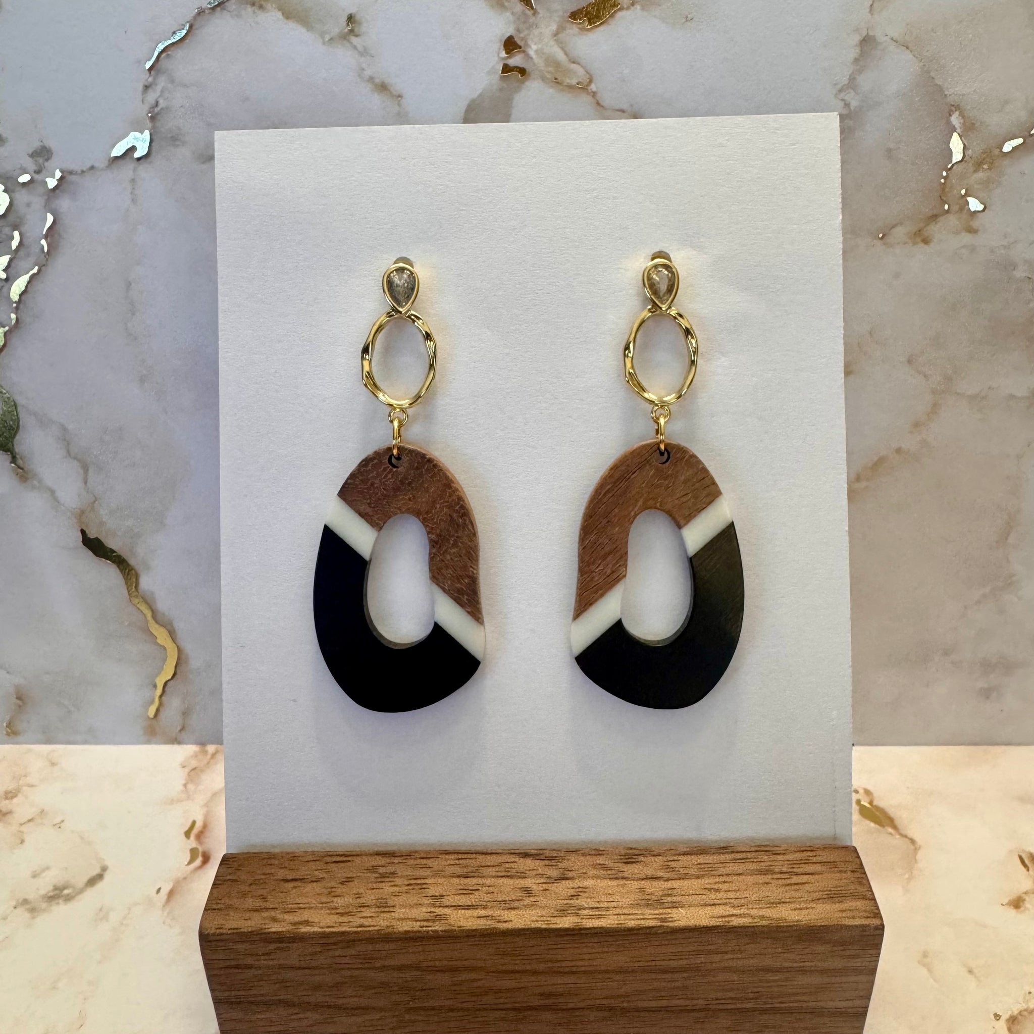 Dangle Earring - Wood with White & Black Resin