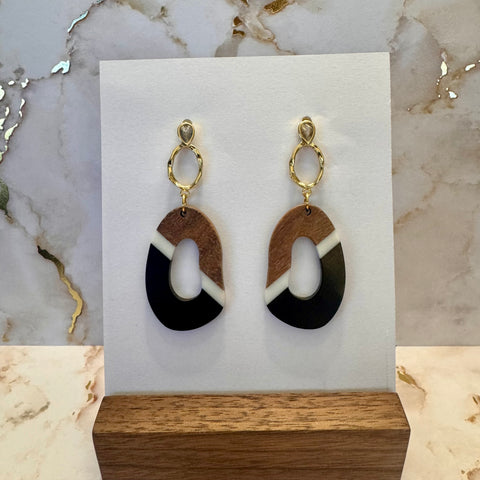 Dangle Earring - Wood with White & Black Resin