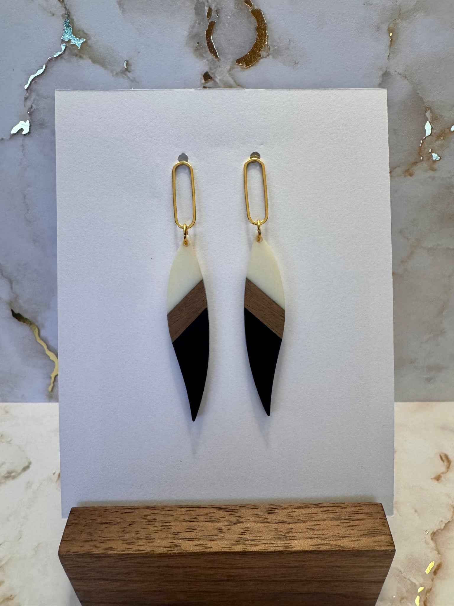 Dangle Earring - Wood with White & Black Resin