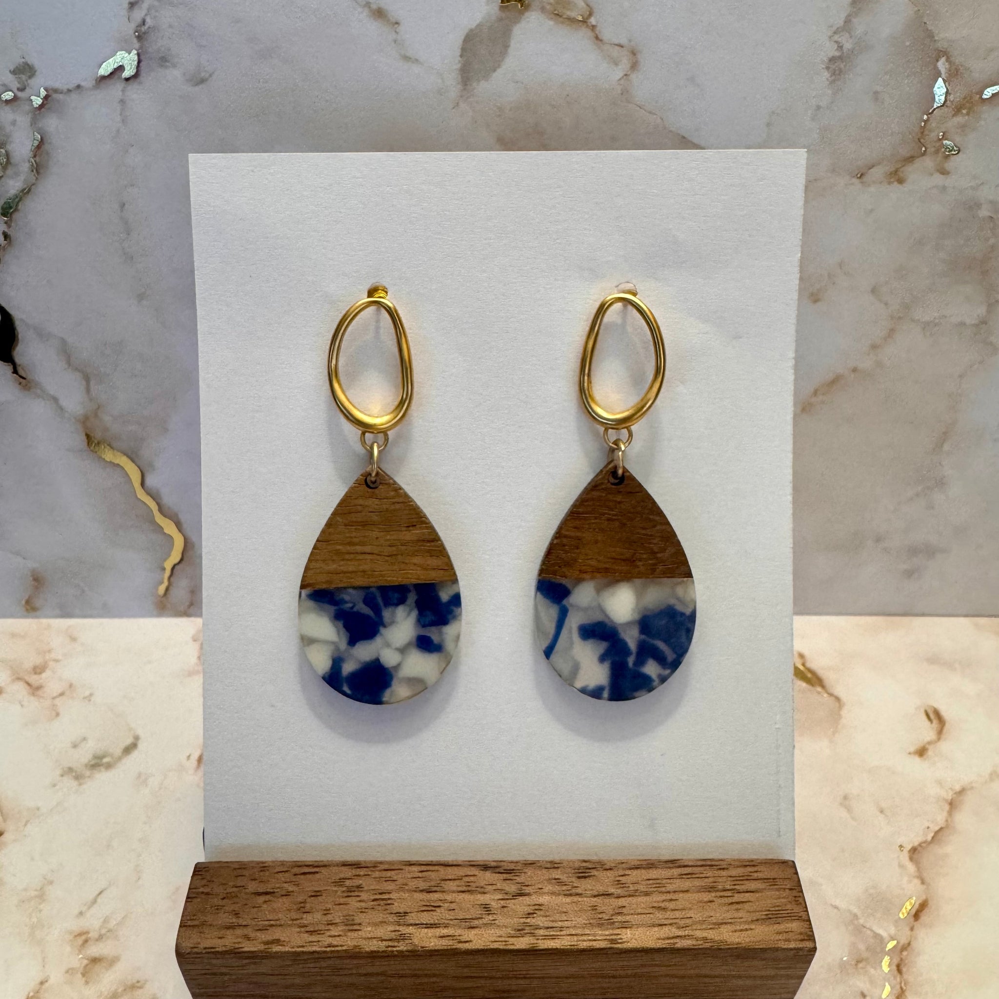 Dangle Earring - Wood with Navy, White and Clear Resin
