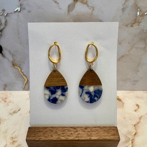 Dangle Earring - Wood with Navy, White and Clear Resin